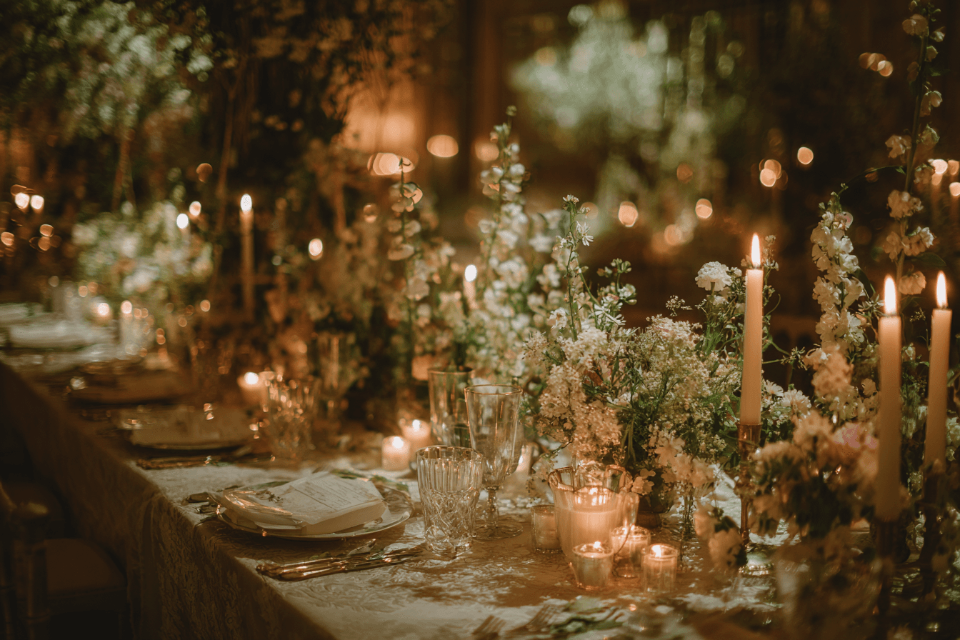 Candlelit wedding table with flowers and handwritten place settings