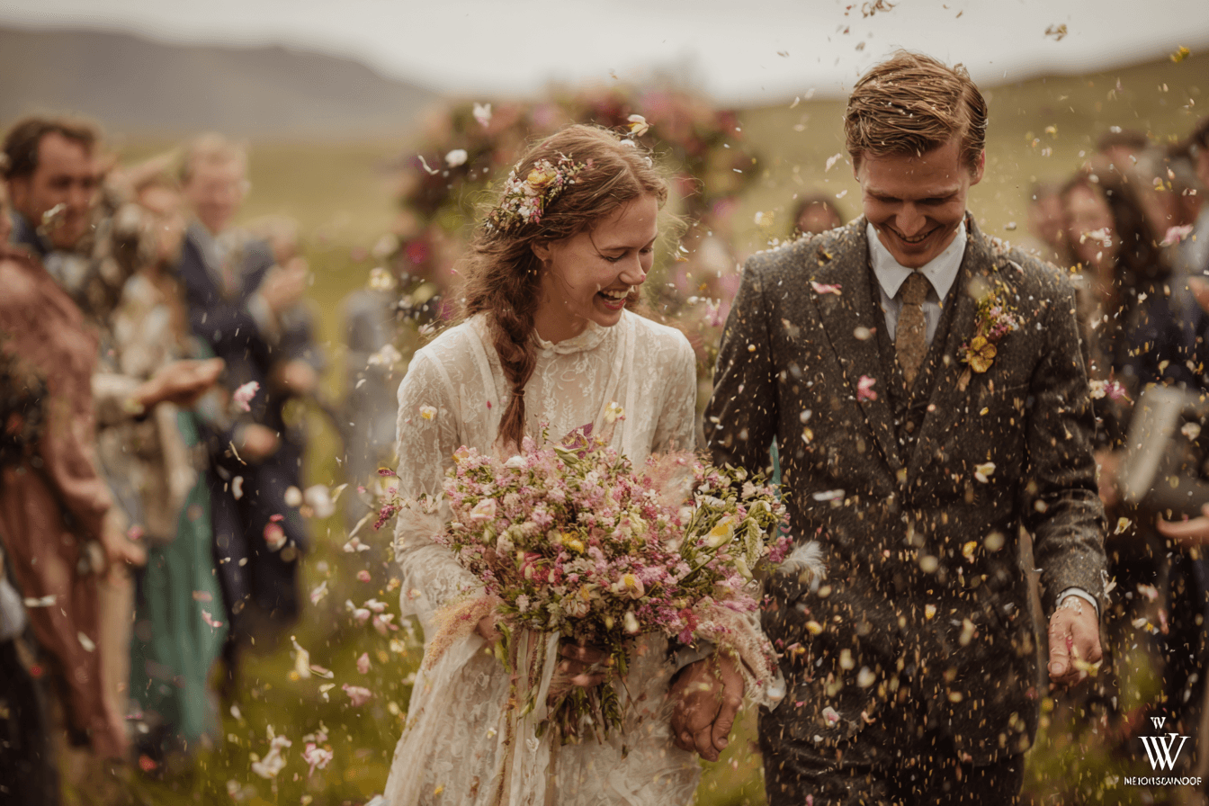 Newlyweds walking through flower petals after their Iceland ceremony