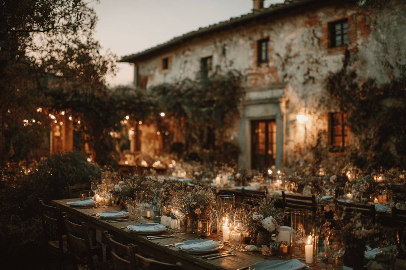 A candlelit outdoor wedding reception in an Italian courtyard