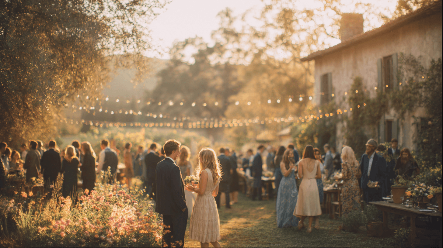 Wedding guests gathering outdoors in warm evening light